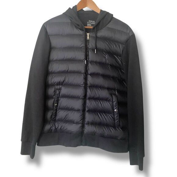 Polo Ralph Lauren Hoodie Mens Sz L Black Performance Puffer Front Full Zip Knit - Picture 1 of 8